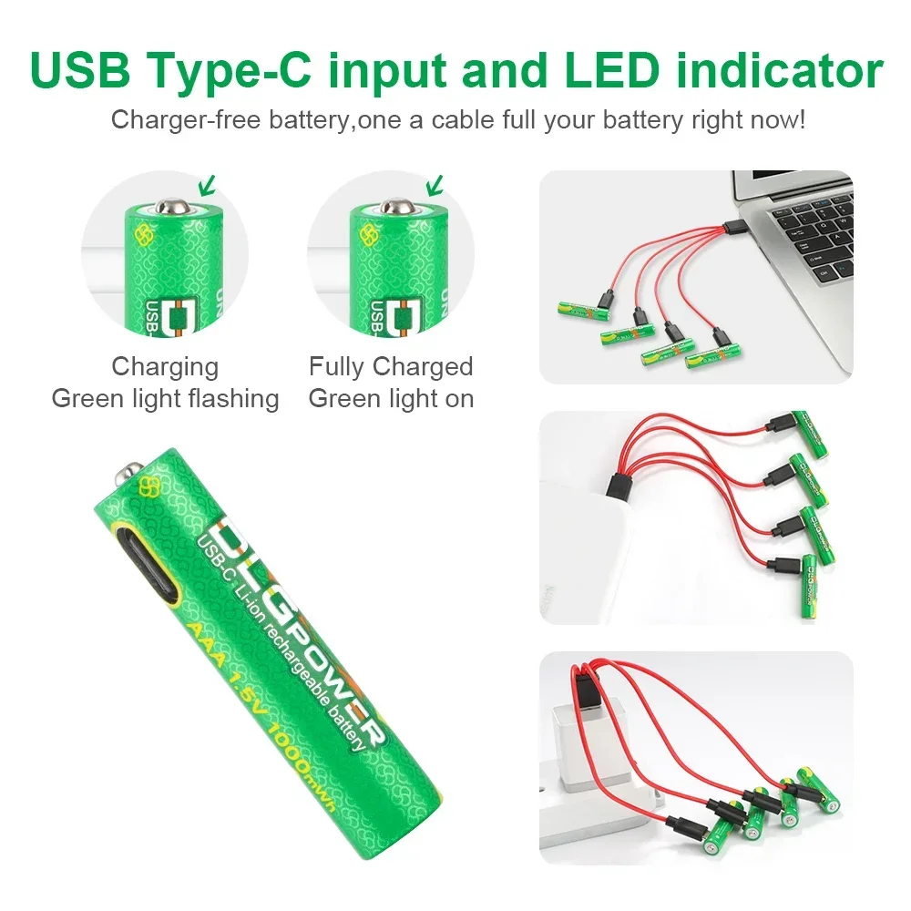 DLGpower USB Li-ion AAA 1.5V Rechargeable Battery aaa  1000mWh Lithium Batteries for Toys Remote Control Mouse Flashlight