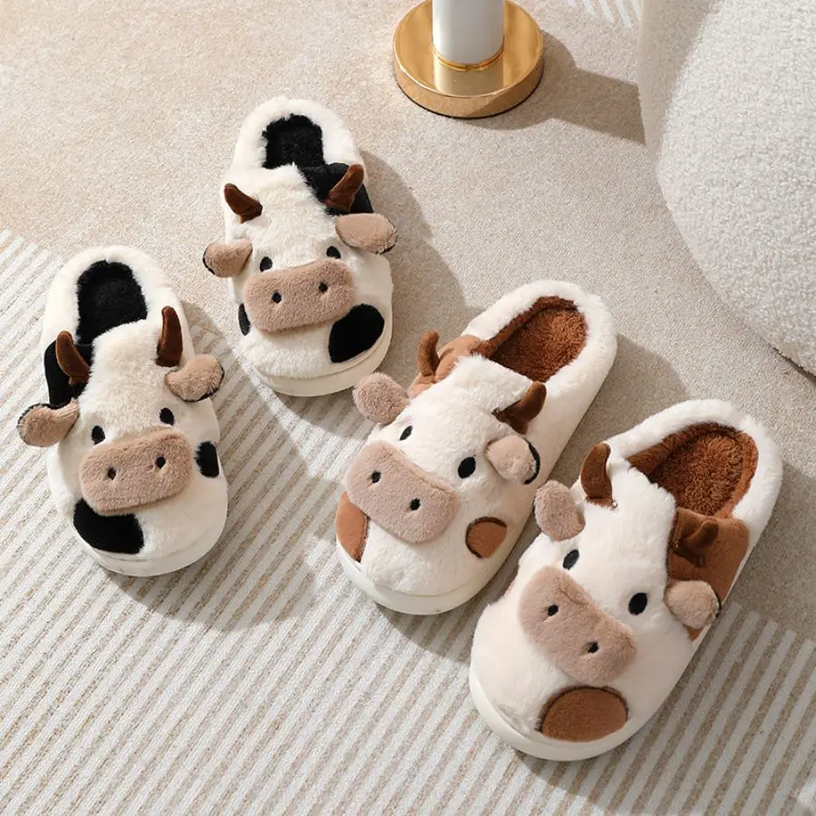 New Winter Unisex Cartoon Cow Warm Plush Slippers Couple's Indoor Non-slip House Slides Men And Women Toe Wrap Home Cotton Shoes