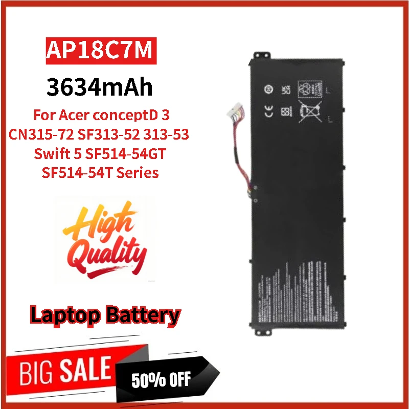 New AP18C7M Replacement Laptop Battery 15.4V 3634mAh For Acer Swift 5 SF514-54T SF514-54GT ConceptD 3 SF313-52 CN315-72 313-53