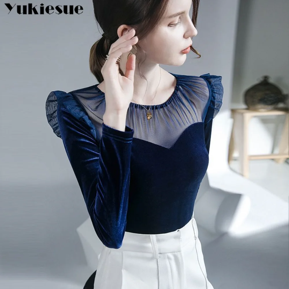 Spring New Women Fashion Harajuku Leisure Patched Mesh Crew Collar Velvet Stretch Elegant T Shirts Lady Ruffles Long Sleeve Tops