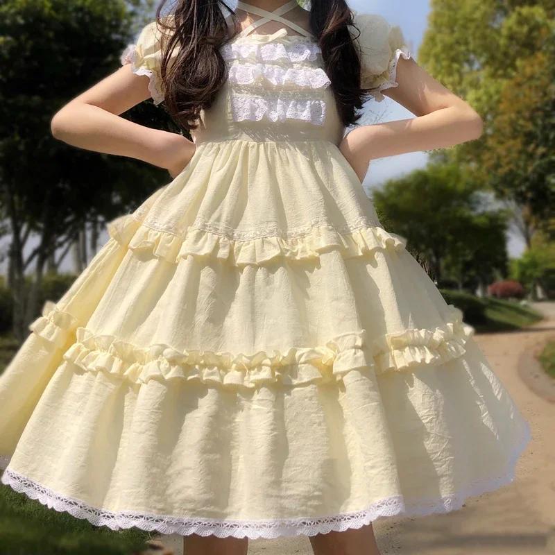 

Japanese Sweety Lolita Style Soft Girly Party Dress Kawaii Square Collar Lace Ruffles Cute Puff Sleeve Folds Dresses 2025