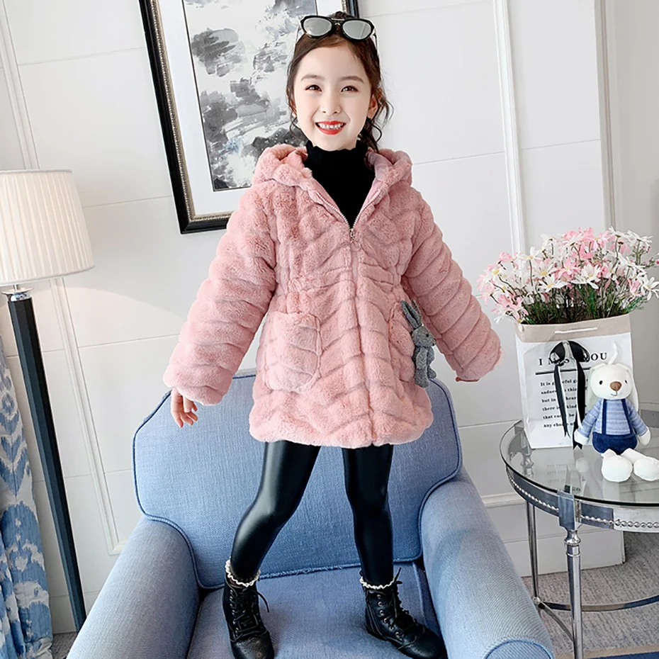 Big Girls Fur Coat Hoodies Solid Color Girls Coats Winter Kids Coat Casual Style Children\'s Clothing Girl