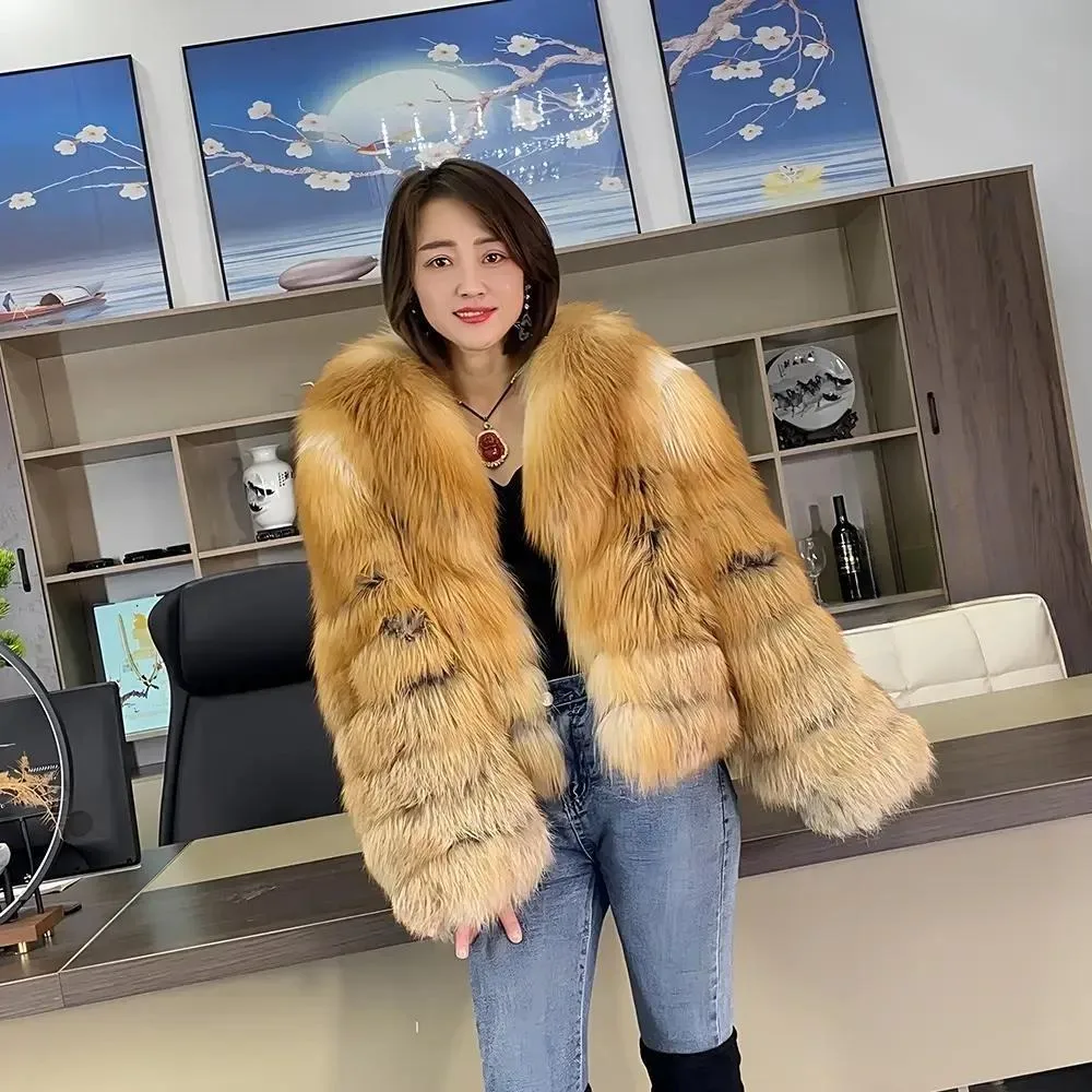 

Hot selling items new imported red fox fur coat for women fashionable and slim whole leather fox fur short style coat