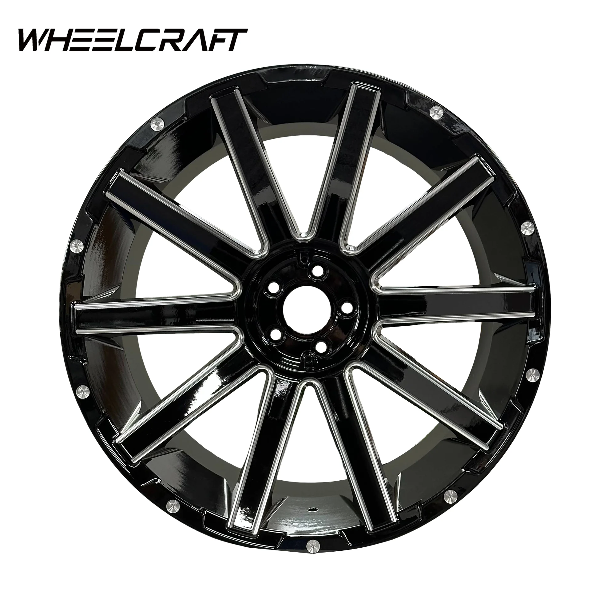 Rueda Forjada de 22 y 24 Pulgadas de Gran Demanda, Diseño Cóncavo Profundo 12J 5x114.3 ET 44, Negro con Rayos Fresados, Fundición a Baja Presión para SUV y Camionetas con Estilo Stance