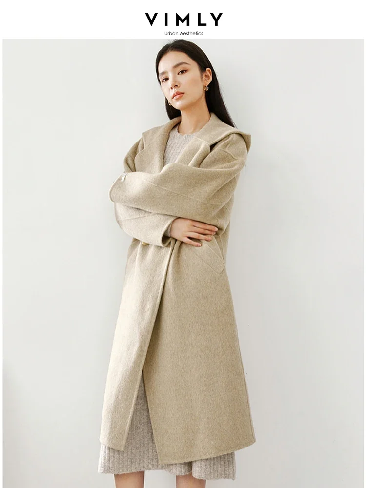 Vimly Khaki Long Wool & Blends Coats 2023 Winter Thick Warm Hooded Double Breasted Jacket Women Elegant Overcoat Female 50760