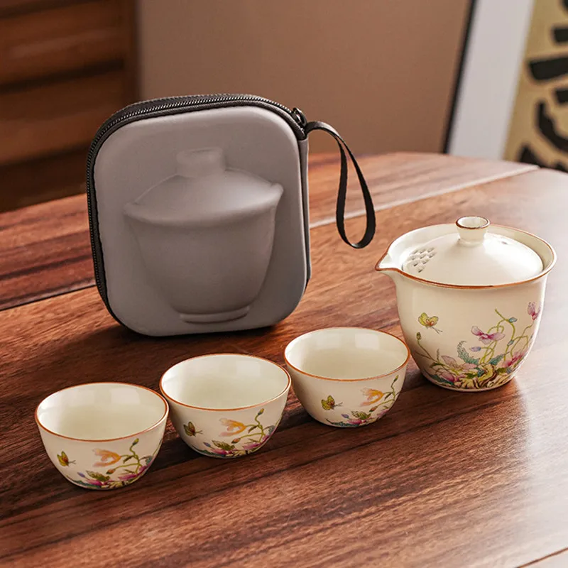 

Ruyao Travel Tea Set Home Ceramic Tea Infuser Outdoor Camping Tea Set Portable Quick Cup One Pot Three Cups Bring A Storage Bag