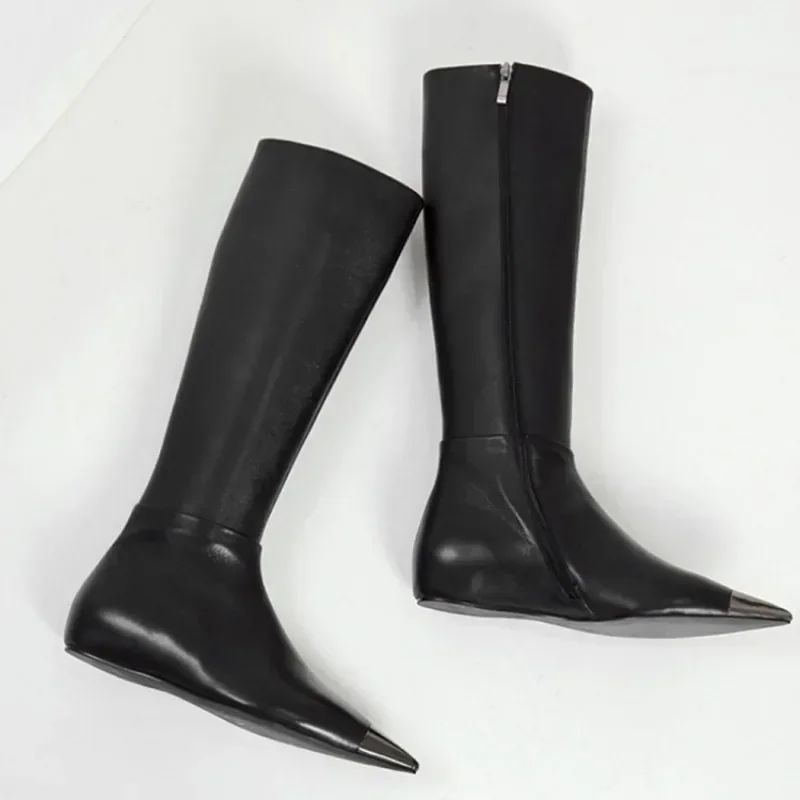 Brand Metal Pointed Women Knee Long Boots Fashion Stage Show Black Sexy Autumn Winter Over Knee Length Boots Size 34-45