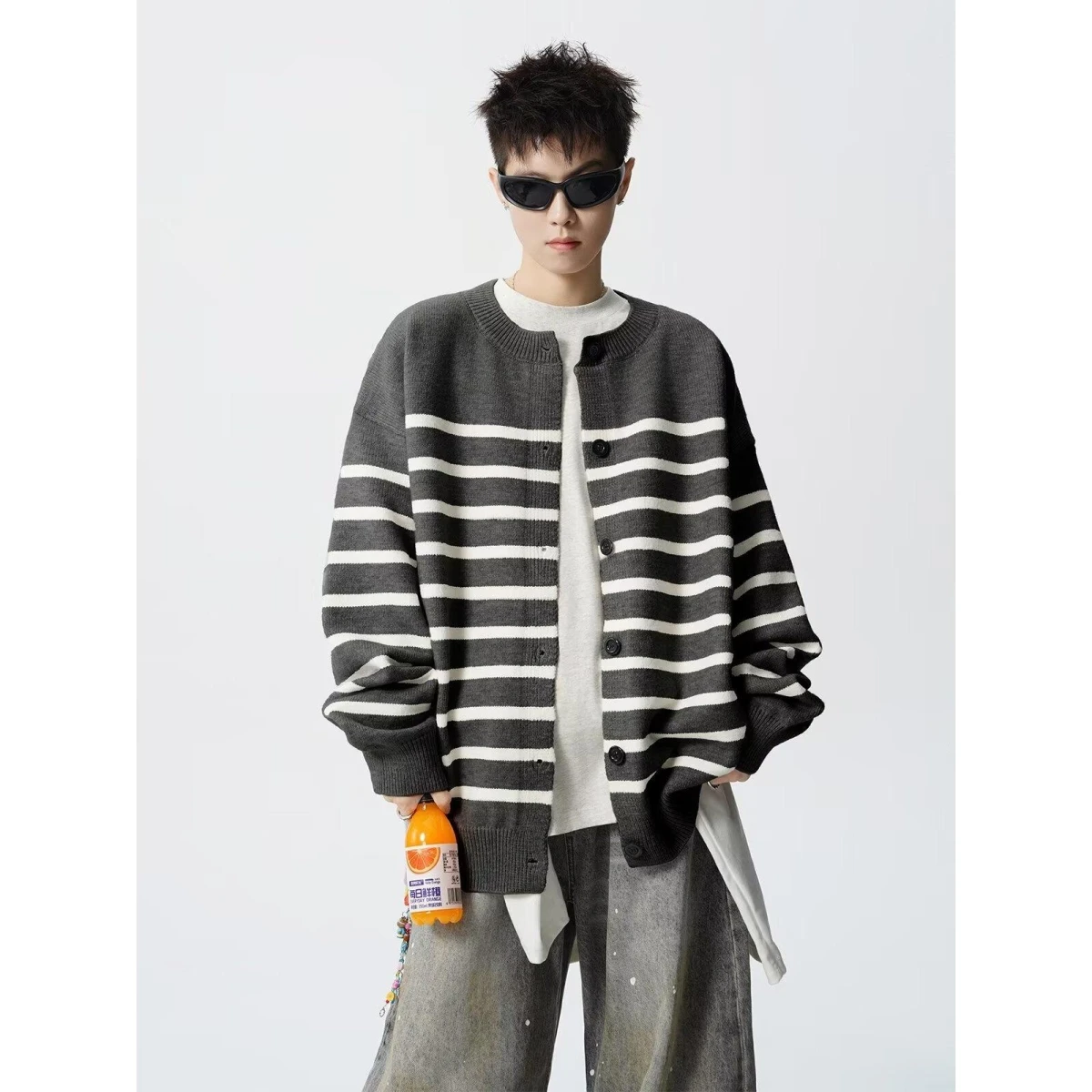 

Classic Striped Open Cardigan Sweater Men's Autumn Winter Loose College Lazy Sle Casual Knitted Outerwear Polyester Fiber