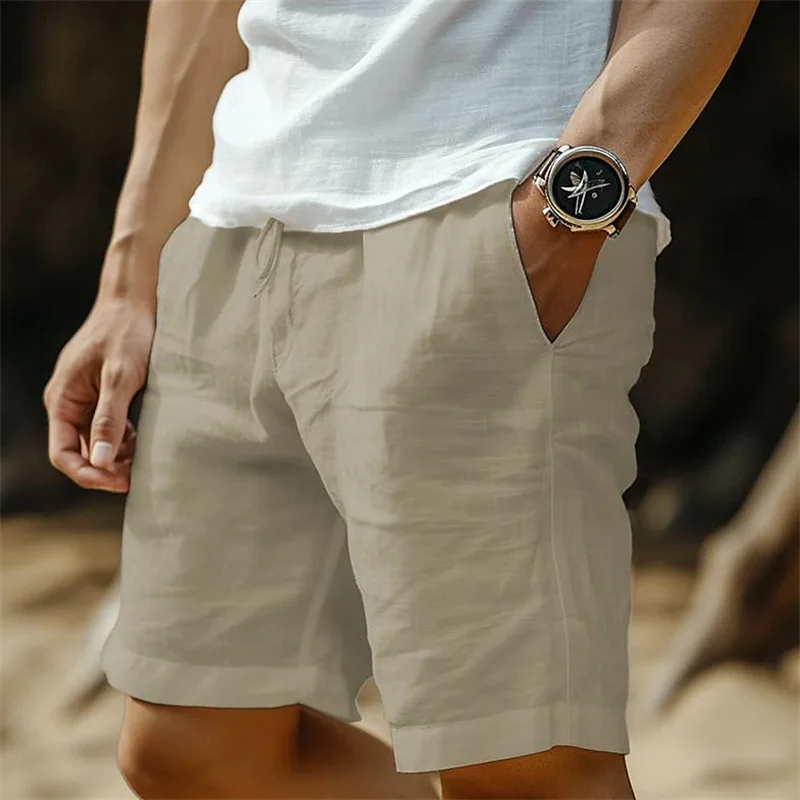 Linen Shorts Pants Drawstring Elastic Waist Straight Legs Solid Color Breathable Daily Beach Five-point Casual Pants