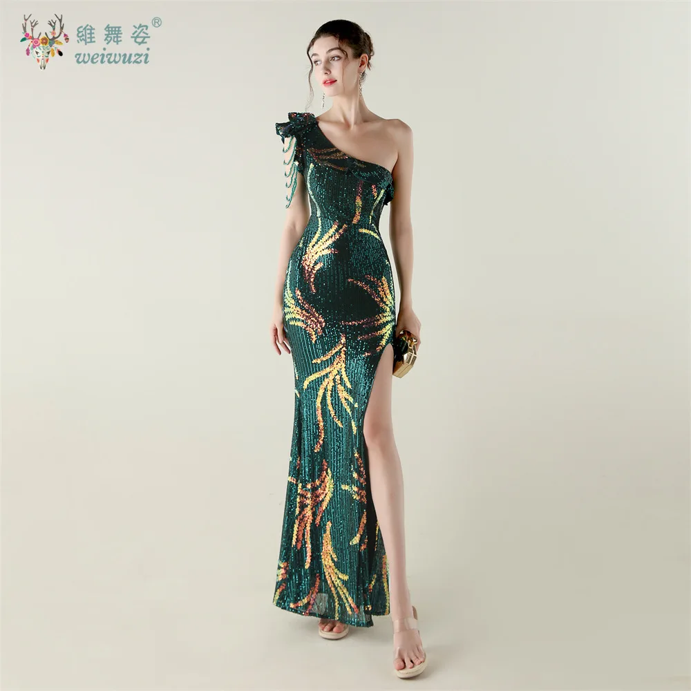 Mode sexy eenzijdige manchet pailletten bruiloft jurk hot prachtige luxe hoge split sexy split fishtail jurk avondjurk