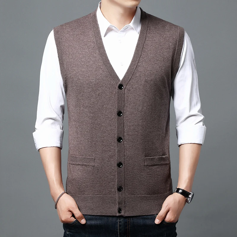 Men Wool Blended Vest Sweater Sleeveless Button Knitted Jacket 2023 New Men's V-neck Cardigan Solid Color Jacket Winter Warm Top