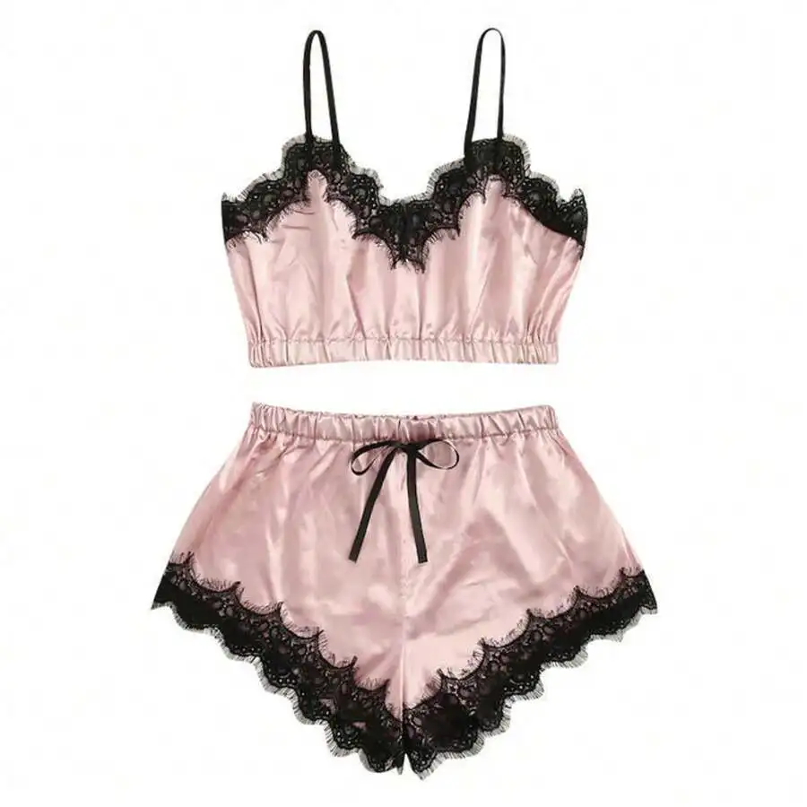 

Women Satin Lace Cami And Shorts Pajama Set Soft Sleepwear Loungewear