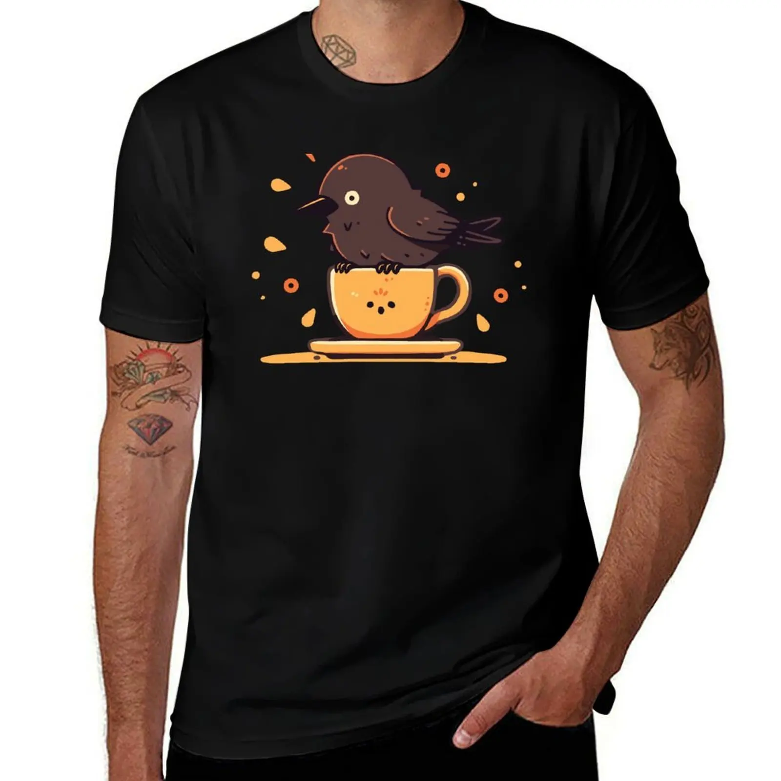 Cute Crow Standing On Kawaii Coffee Cup T-Shirt t shirt for man 100 percent cotton T-Shirt