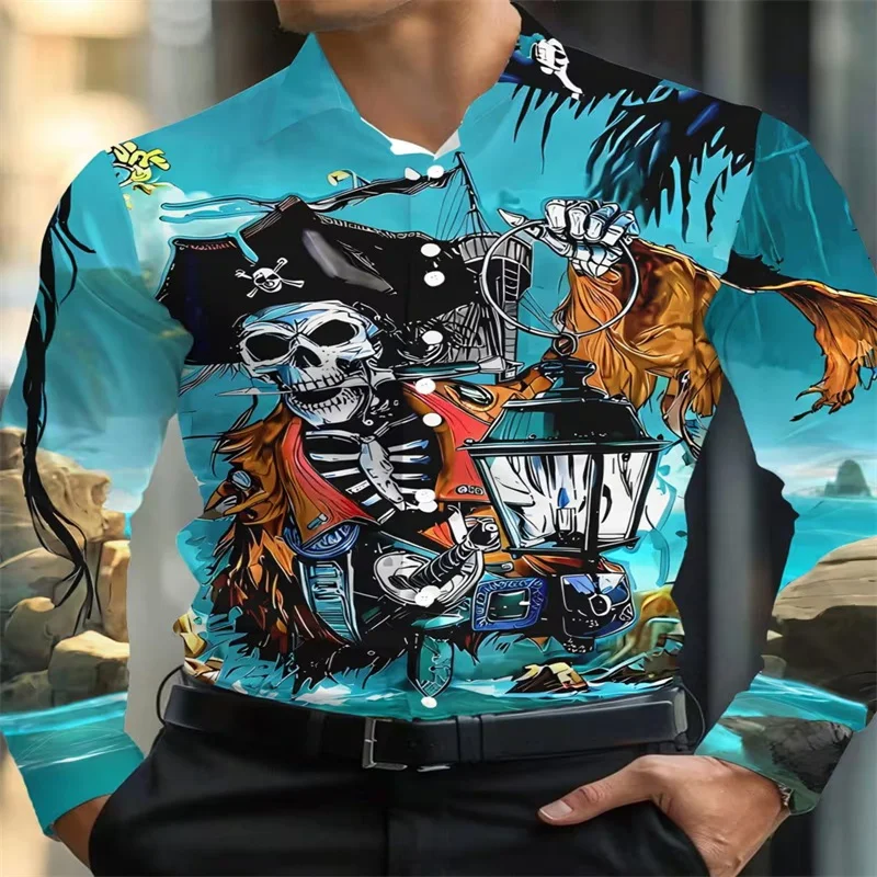 Men's Gothic 3D Skull Print Long Sleeve Shirt, Black Purple Skeleton Pattern Casual Button Down Blouse, Streetwear Fashion Tops