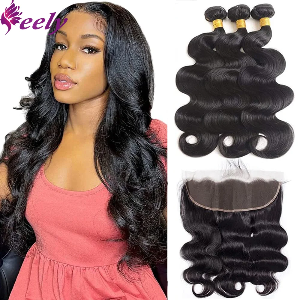 Human Hair Bundles Body Wave 13x4 Lace Frontal Natural Black Color Brazilian 100% Unprocessed Human Hair Extensions 30 Inches 1B