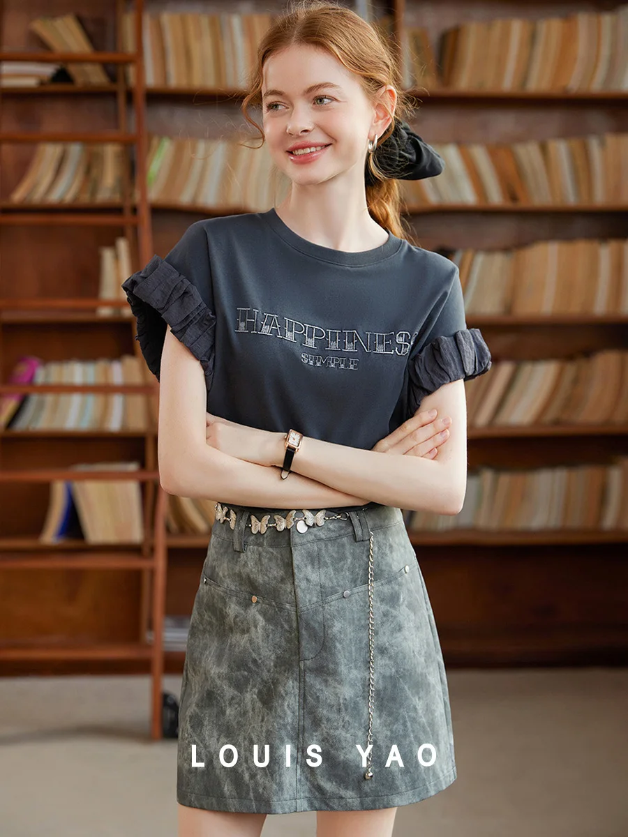 LOUIS YAO Women's T-shirt with Off Shoulder Sleeves Patchwork 2025 Summer Casual Letter Embroidered Design Short Sleeved Shirt