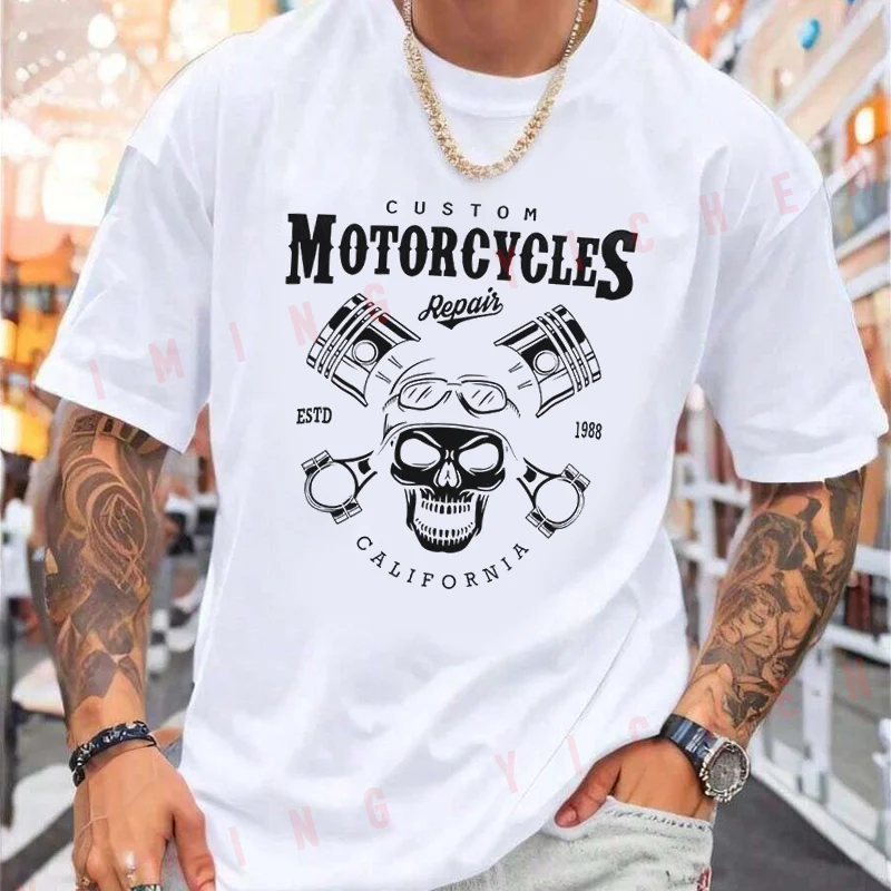 Family Matching T‑Shirt Black Skull Biker Piston Crossed Parts California Vintage Text Chest Print Moto Streetwear Sleeve Tee