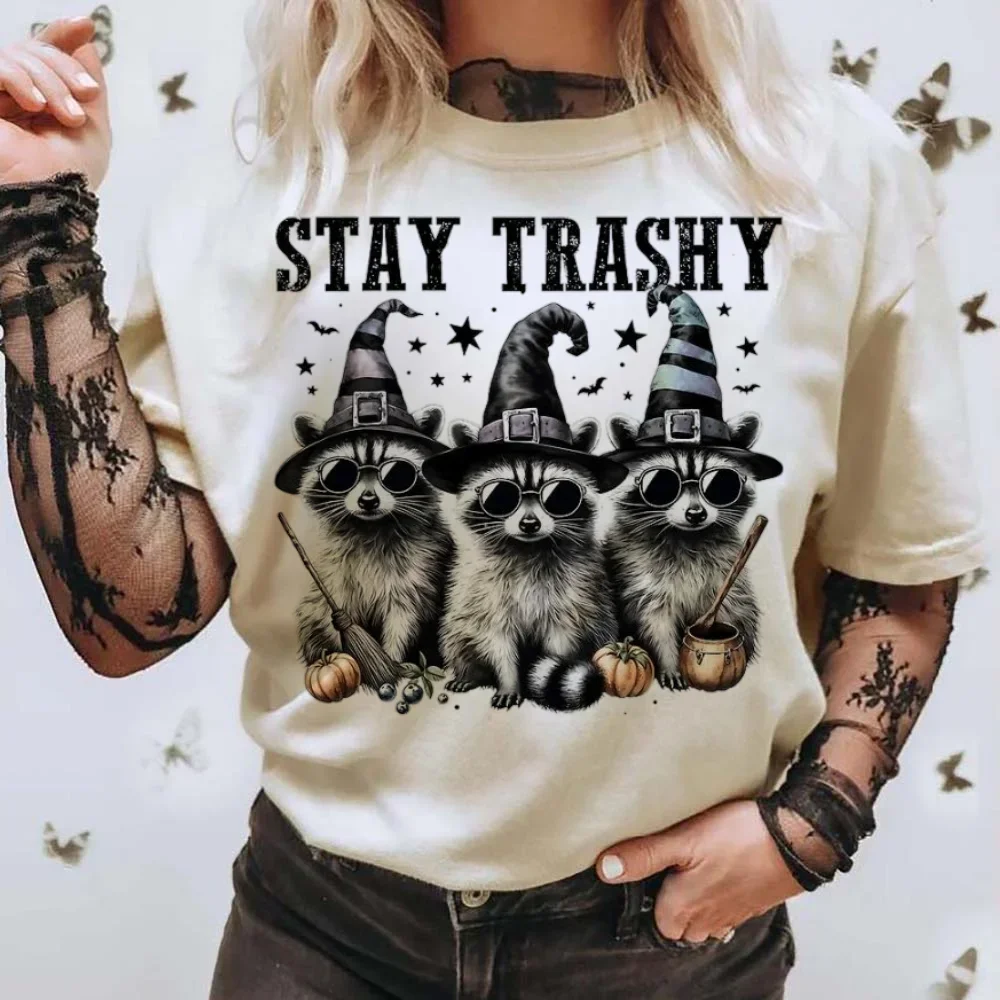 

Trendy Style Cute Women's Casual Round Neck T-Shirt Short Sleeved Printed Top T-Shirt Fashionable Women's Raccoon Pattern T-Shir