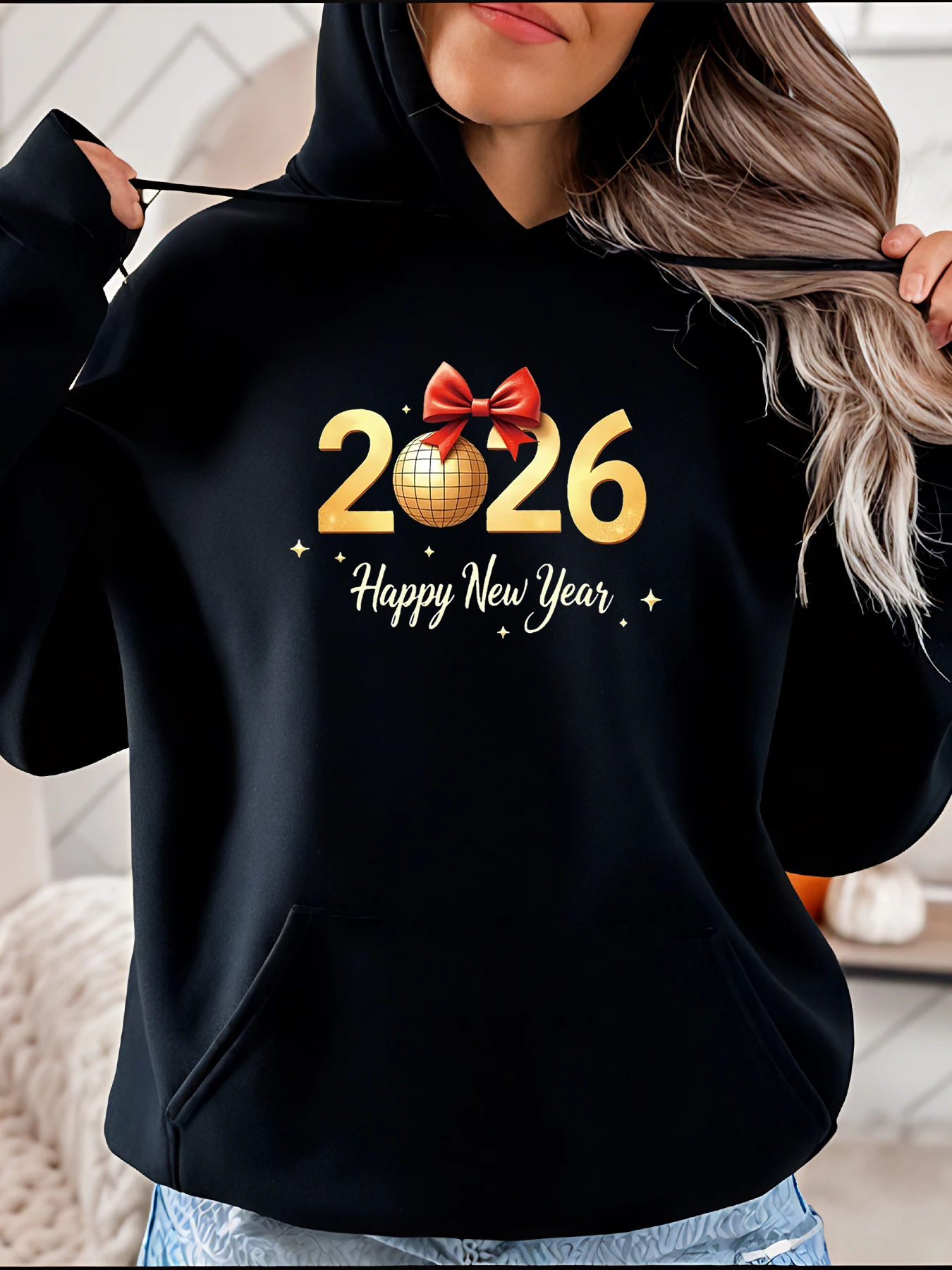2026 新年パーカー ゴールド ディスコ ボール プリント レディース カジュアル クリスマス パーティー スウェットシャツ 女性用