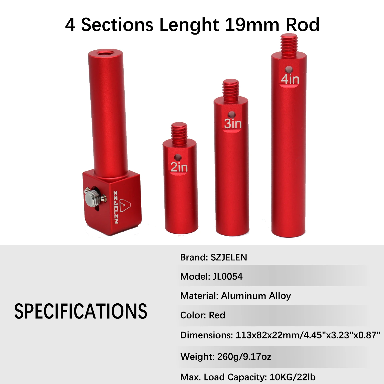 19mm pole mounting bracket with 3/8 screws, anti twist elastic positioning pin, 4 sections of length to match for ARRI RED Sony