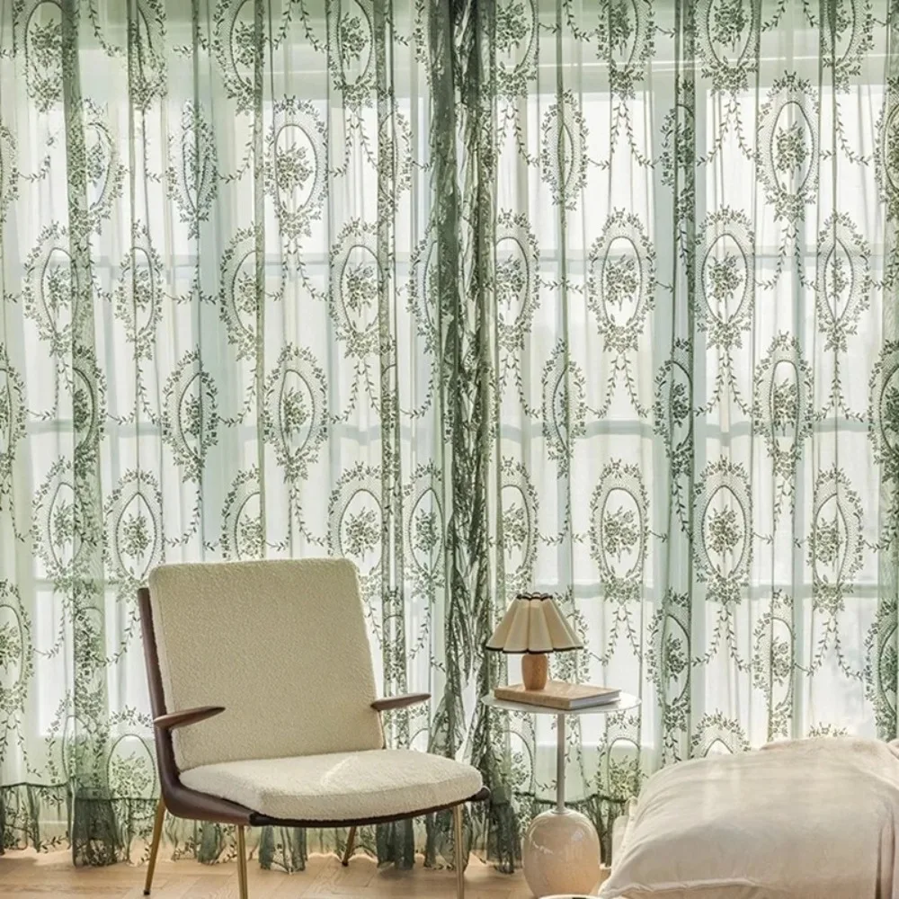 Elegant Green Tulle Curtains for Balcony Dark Vintage Sheer Ruffle Embroidered Flowers Bedroom Light Filtering Ready Made Drapes