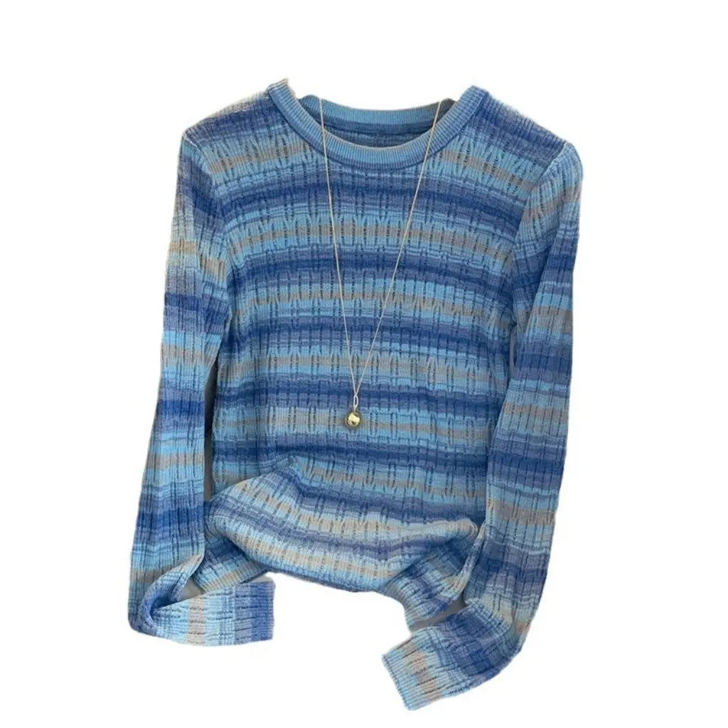 

Women's Ripped Hollow Striped Soft Waxy Sweater Retro Design Gentle Lazy Style Spring Fashion Top