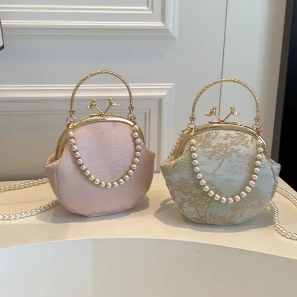 

Fashion Silk Evening Bag Embroidery Chinese Style Handbag Pearl Chain Shell Bag Ladies