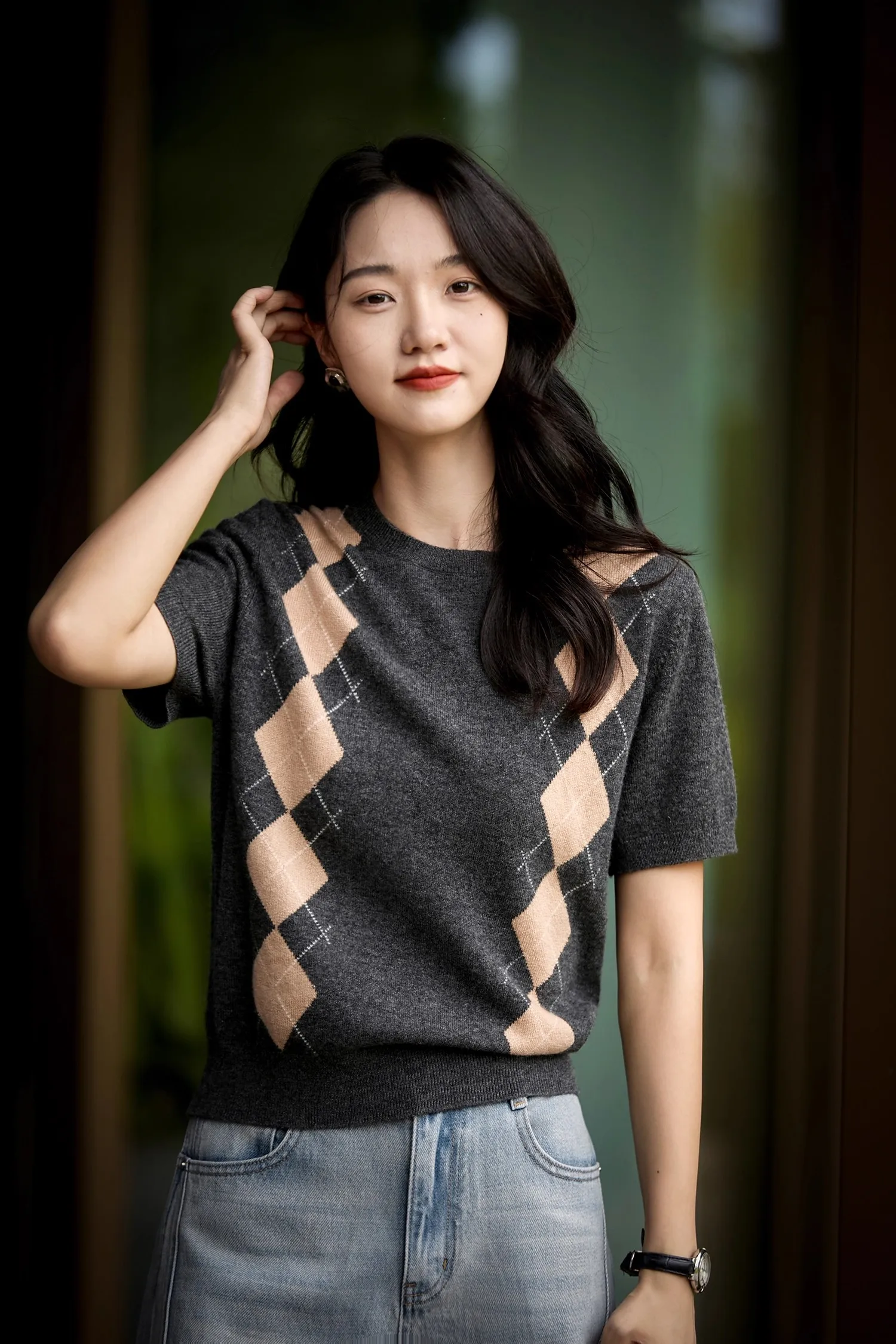 

Birdtree 90% Sheep Wool 10% Cashmere Sweater,Woman Retro Dark Gray Diamond Grid Short Sleeve Retro Knitwear Tops Autumn T58942JF