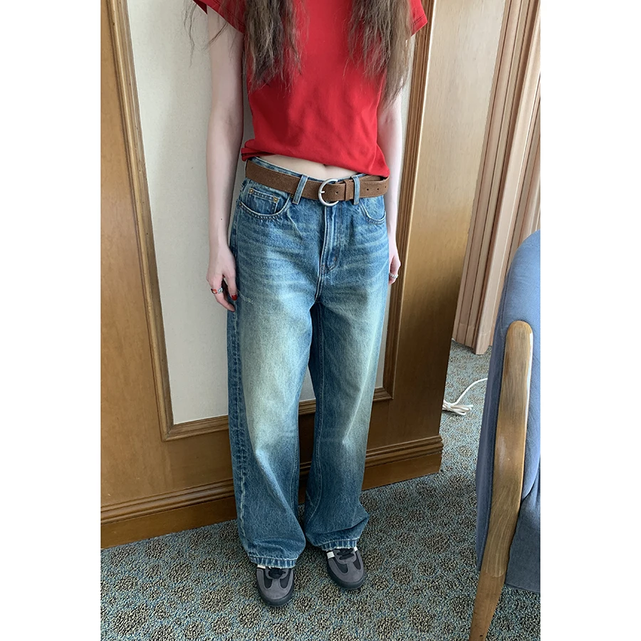 

Винтажные синие джинсы Hellooo Eat, прямые повседневные брюки, осень 2024, корейские женские джинсовые джинсы премиум-класса