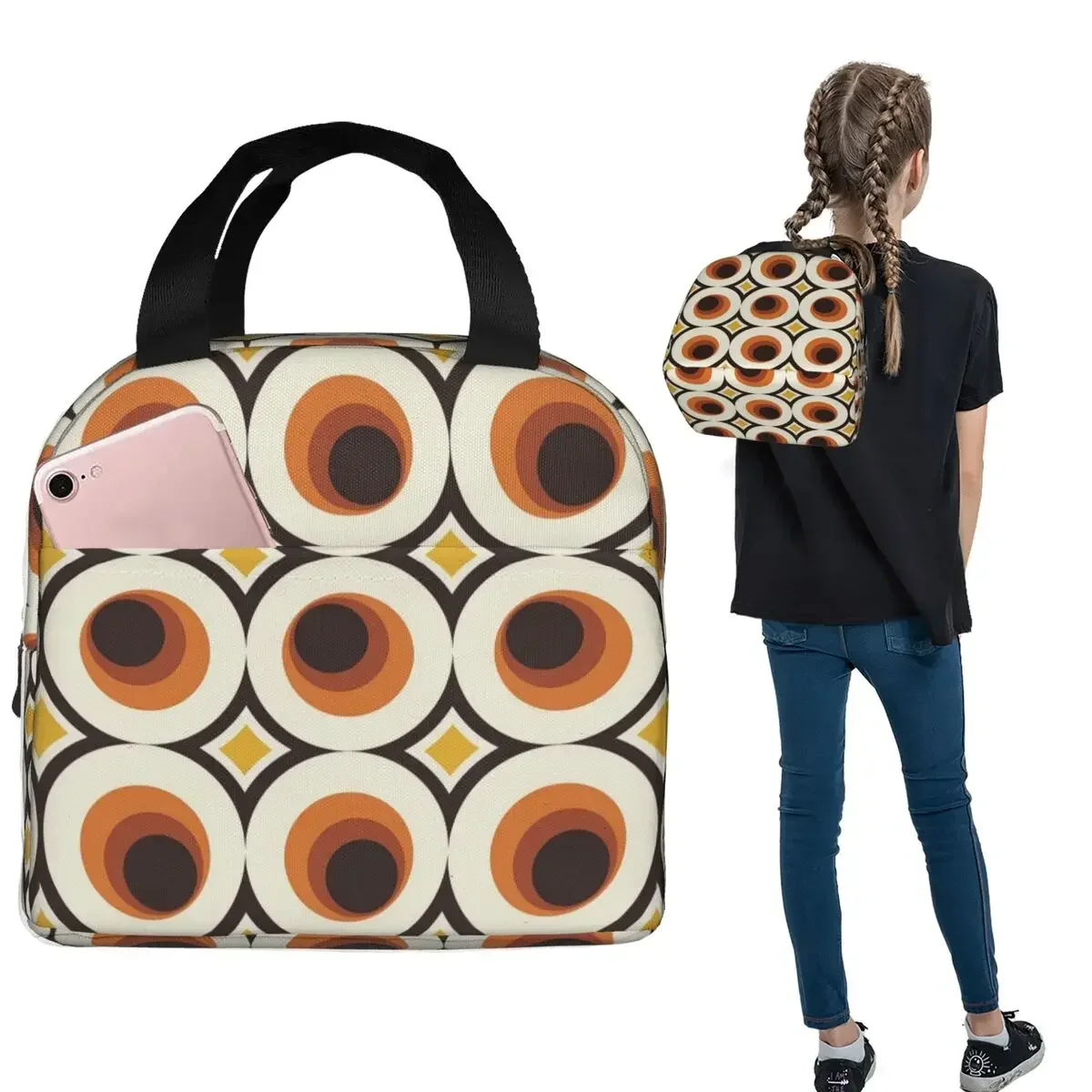 1970s Orange Mid-Century Modern Circle 1 Insulated Lunch Bag for Women Children Leakproof Food Boxes Thermal Lunch Box Tote