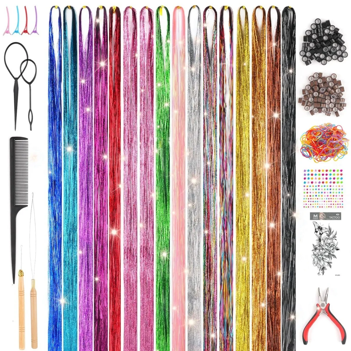 Kit de oropel de extensiones de cabello sintético, 36/48 pulgadas, 12 colores mezclados, con herramienta, oropel de pelo brillante, reflejos resistentes al calor