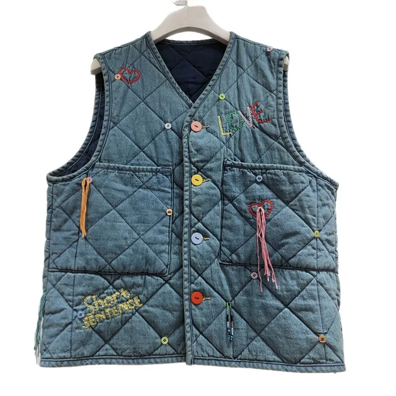 HKSH Autunno Inverno Nuove donne gilet caldo scollo a V monopetto lettera ricamata giacca imbottita in cotone denim alla moda HK13764