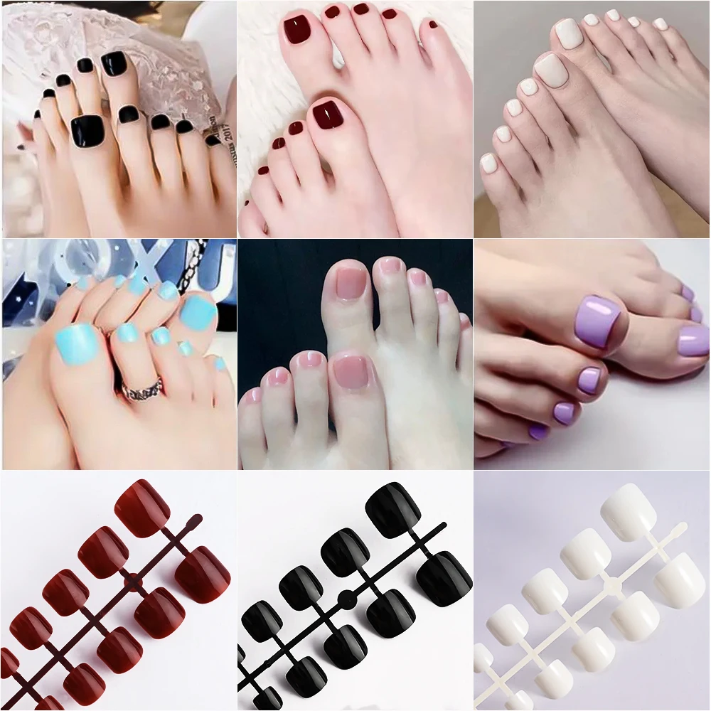 100/120/144pcs Fake Toenail Solid Color Short Square French Fake Toenails Full Cover Press on Feet Nail Art Tips for Girls Women