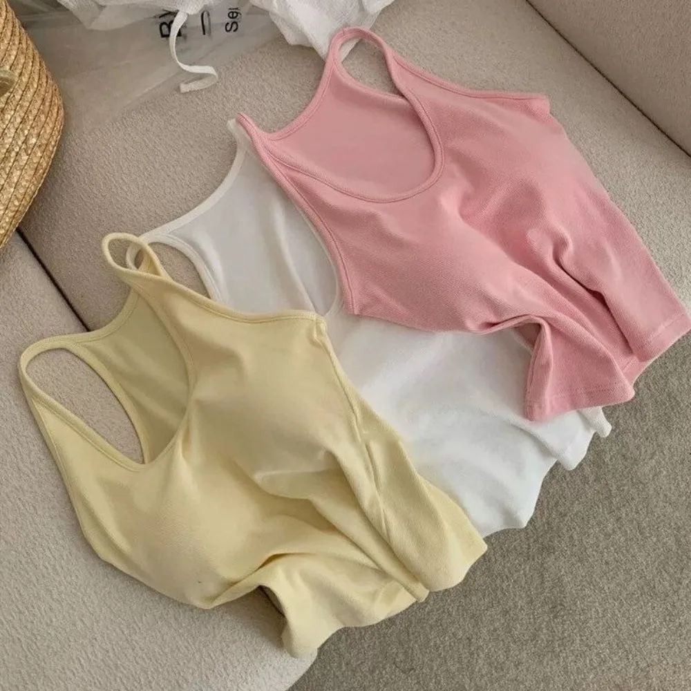 Korean Style with Chest Pad Strap Vest U-Neck Slimming Sleeveless Knit Solid Color Crop Top Summer