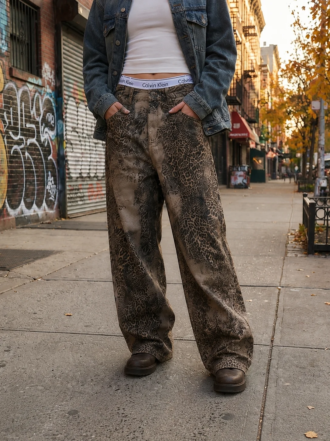 Women Y2K Vintage Leopard Print Wide Leg Jeans High Waist Baggy Distressed Denim Pants Streetwear Loose Trousers
