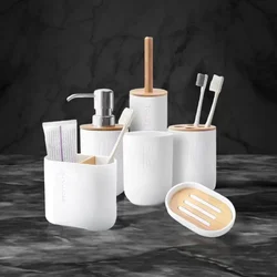 Designer Banheiro Acessórios Set, Sabão Loção Dispenser, Toothbrush Holder, Saboneteira, Tumbler ou Madeira Garrafa, copo, preto, branco, cinza