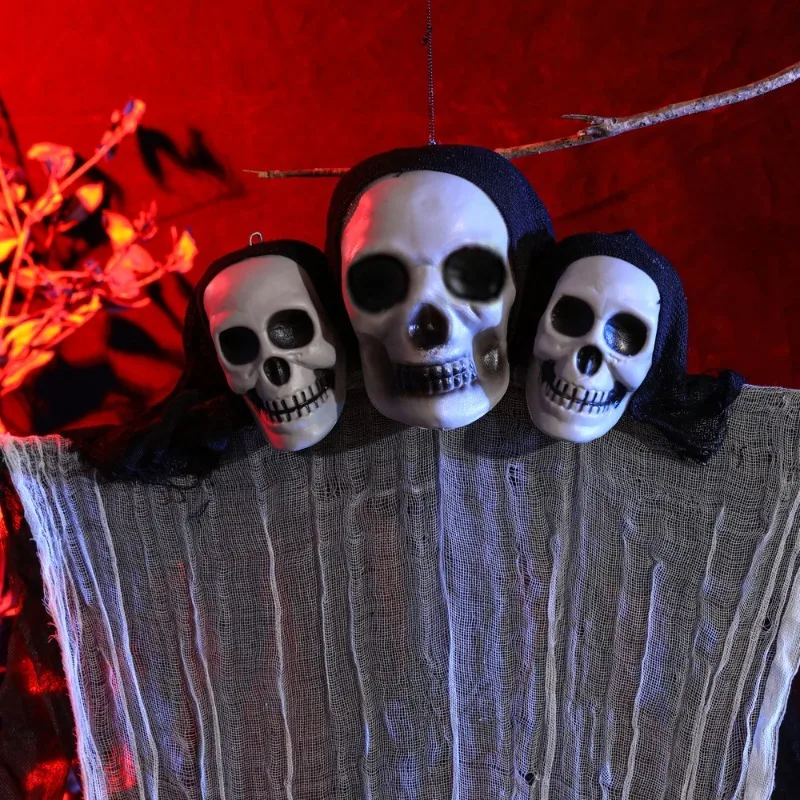 1PC Halloween Three Head Skull Gauze Hanging Ghost Prop Large Haunted House Doorway Horror Suspended Decoration Use
