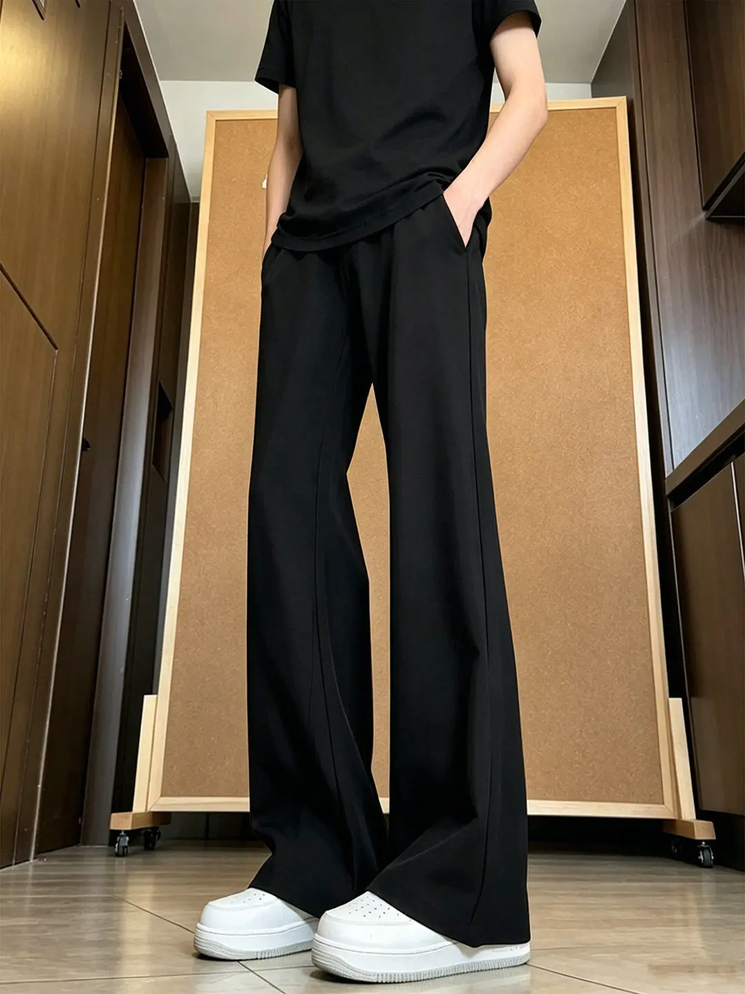 Cleanfit Black Ice Silk Men's Summer Thin Straight Leg Pants Draping Slimming Leaf Blade Design Casual Trousers for Youth