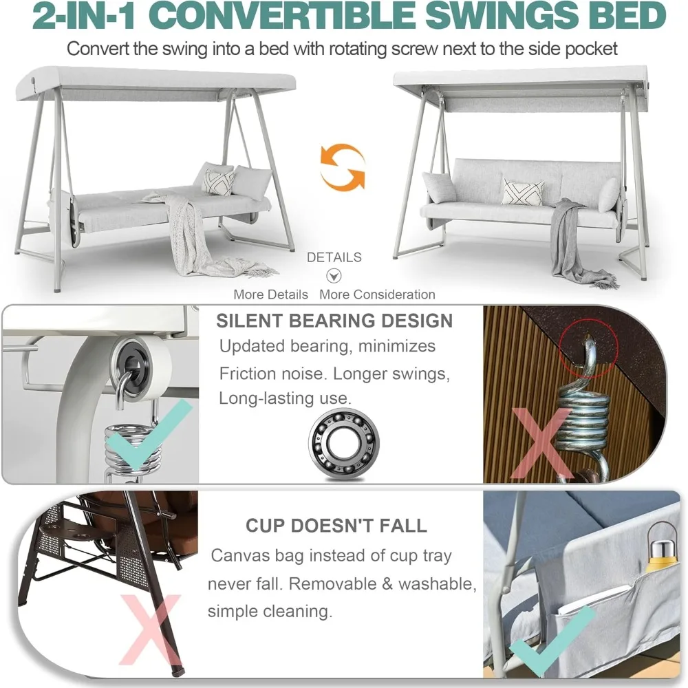 3 to 4 Seat Porch Swing, 2-in-1 Outdoor Swings Bed with Adjustable Backrest, Patio Swing Chair with Stand Cushions Pillows