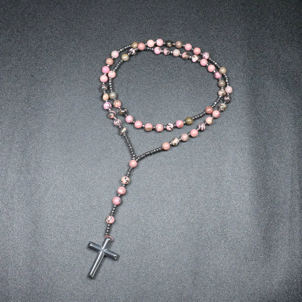 1PC Rose Red Natural Stone Cross Bead Necklace with Iron Gallstone Beads Handmade Beads 8mm Men\'s Ethnic Style Necklace