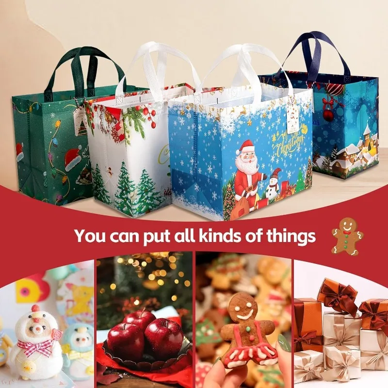 Bolsas de regalo de Navidad grandes de 13 pulgadas, paquete de 54 - Con etiquetas de regalo, bolsas de regalo de Navidad no tejidas reutilizables con asas para vacaciones