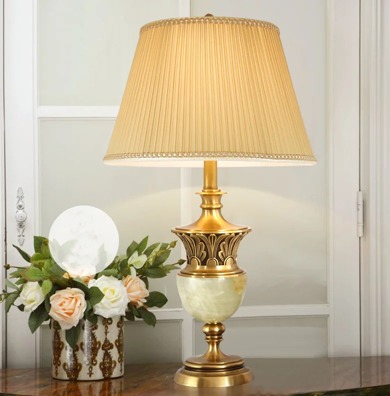 Luxury Retro American Style Marble And Bronze Base Bedside Table Lamp With Lampshade For Home Deoc BF05-NS-117