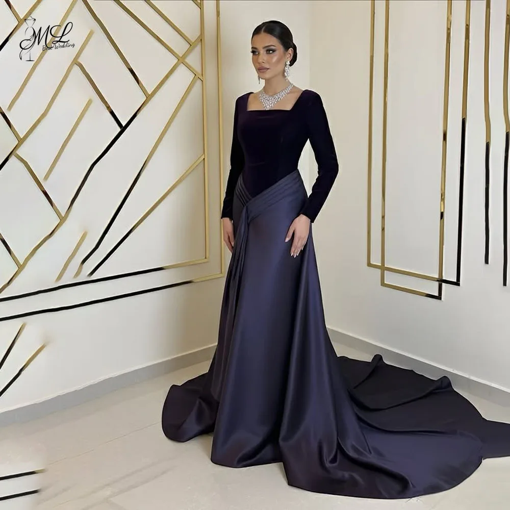 

ML Deep Purple Long Sleeves Square Collar Evening Gown A-line Velvet/Satin Formal Event Dress Customized Banquet Dinner Gown