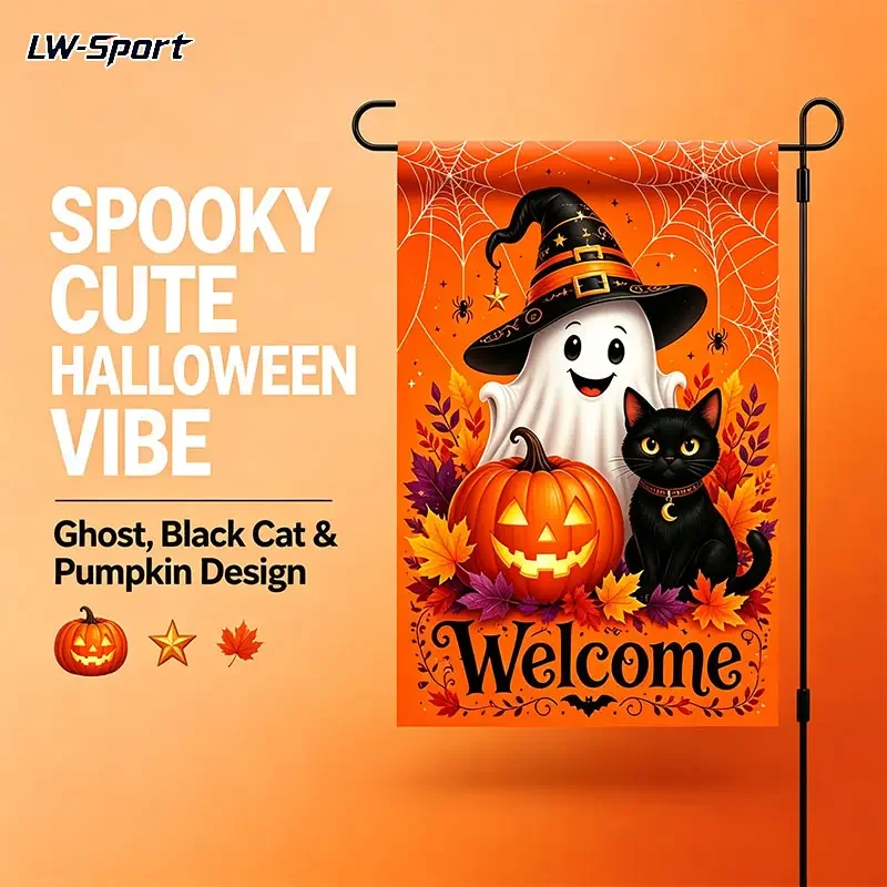 1Pc Halloween Welcome Garden Flag, Cute Ghost Witch Hat Black Cat Jack O Lantern Yard Flag, Fall Maple Leaf Spider Web Outdoor Decor, Seasonal Porch Garden Banner for Halloween Party Home Yard Decoration, 12×18 Inch, Flag Stand Not Included