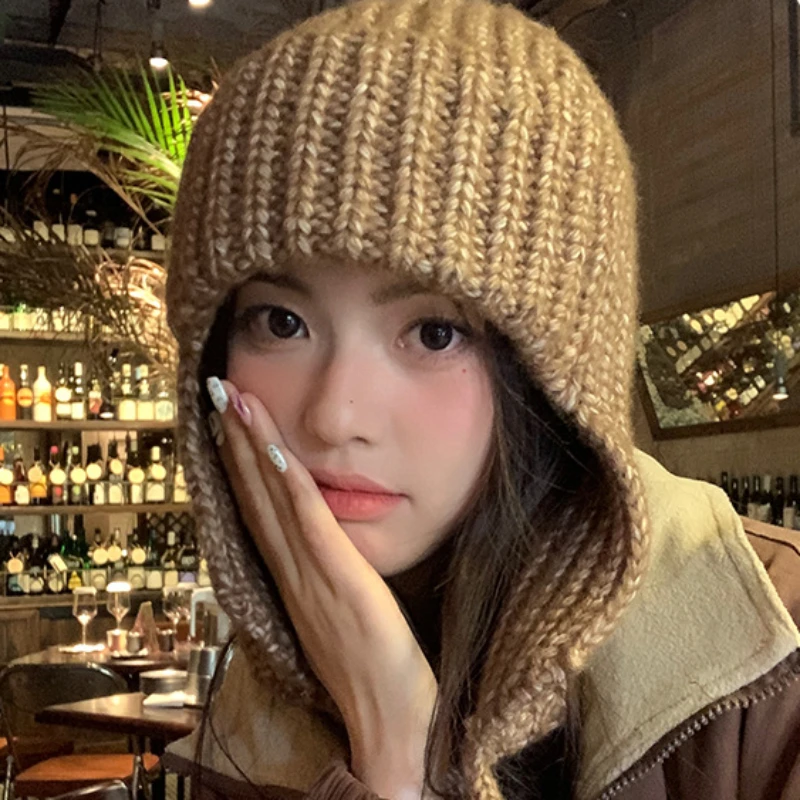 Paternity Knitted Ear Protectors Woman Winter Versatile Bomber Hat Thread Frenulum Solid Color Pullover Hats