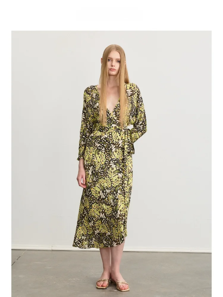 

Fullin Long Silk Blend Printed Wrap Dr Batwing Sve Asymmetrical Hem V-Ne French Sle mid High Waist Soft Fabric