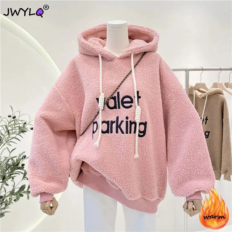 Lambwool Letter Printing Hooded Sweatshirts Women Autumn Winter Loose Thick Warm Pullover Tops New Streetwear Sudaderas Outwear