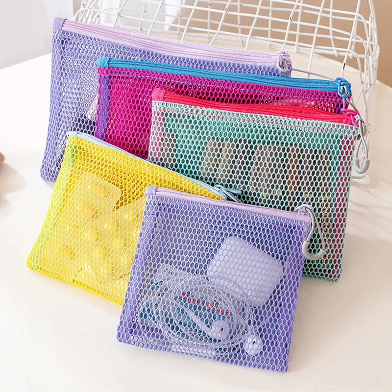 Bolsa de almacenamiento de malla con doble cremallera, bolsa de maquillaje de doble capa de color Visible, ultraligera, resistente al desgaste, duradera con asa