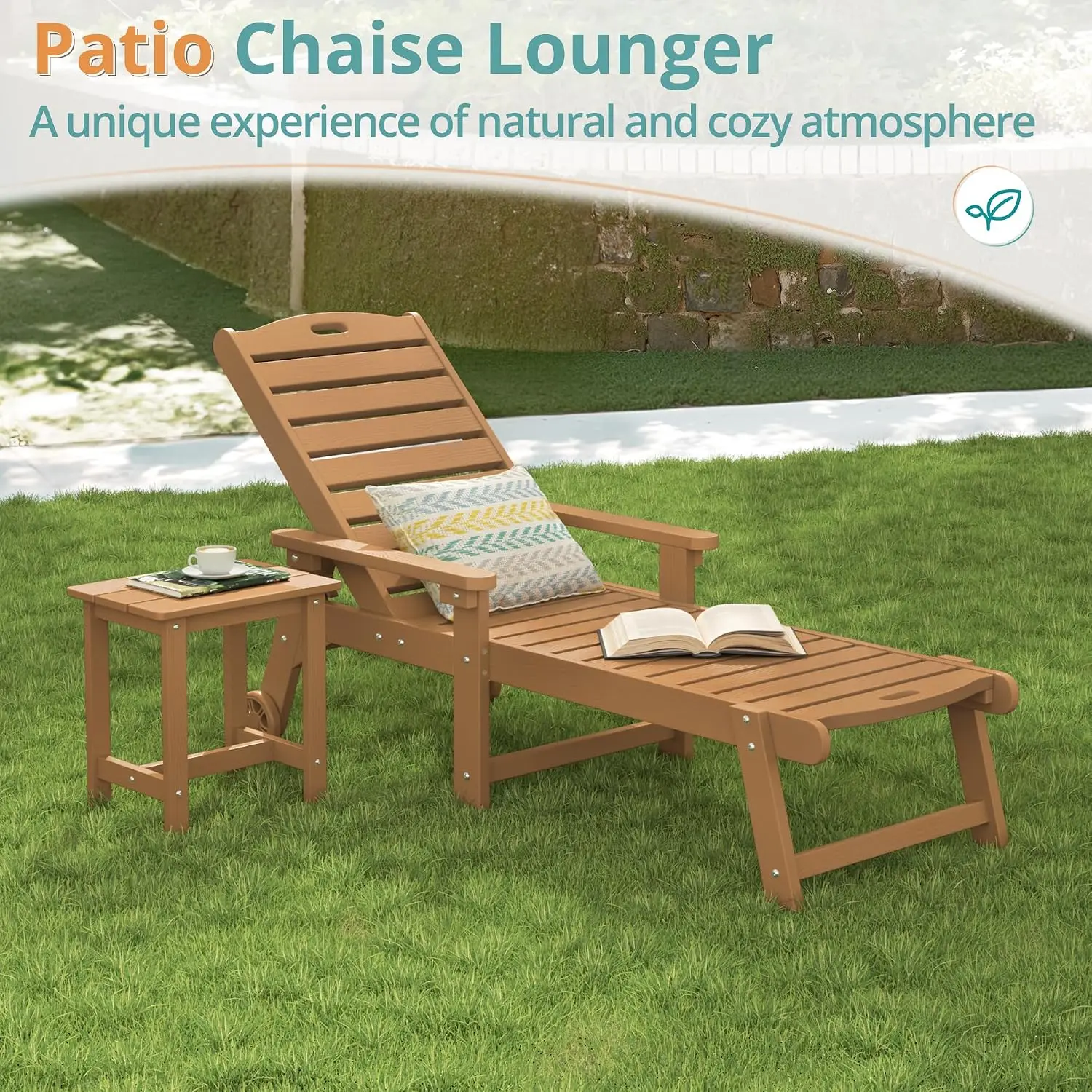 HDPS Outdoor Lounge Chair Set of 4 with Wheel 5 Positions Adjustable Pool Patio Lounger Teak Color, Customized