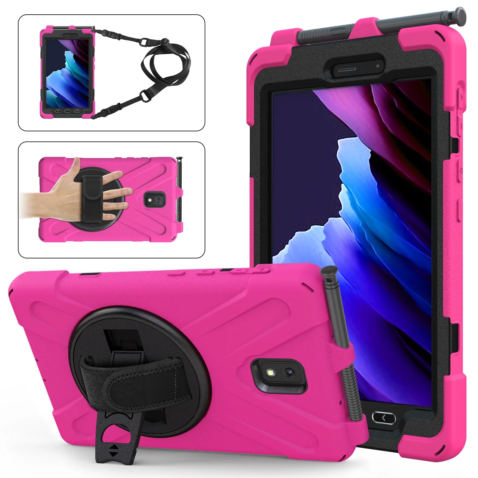 PC Case For Samsung Galaxy Tab Active3/Active5 SM-T570 T575 T577, 360 Rotation Hand Shoulder Strap 3 Layer Multifunctional Case